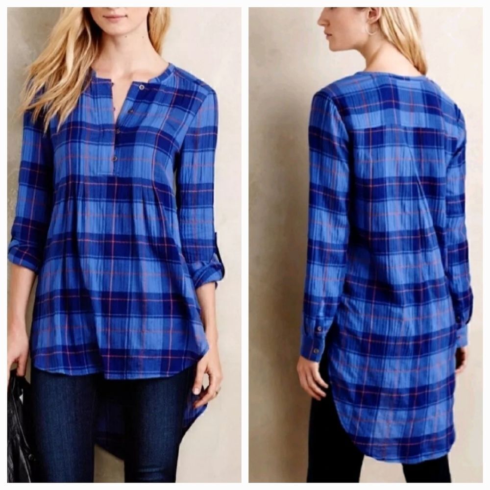 Holding Horses‎ XS Blue Plaid Flannel Tunic Top pullover